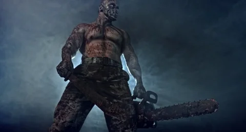 Horror zombie killer with a chainsaw and a machete. Postapokalipsis. Stock Footage 70928333