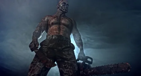 Horror zombie killer with a chainsaw and a machete. Postapokalipsis. Stock Footage 70928488