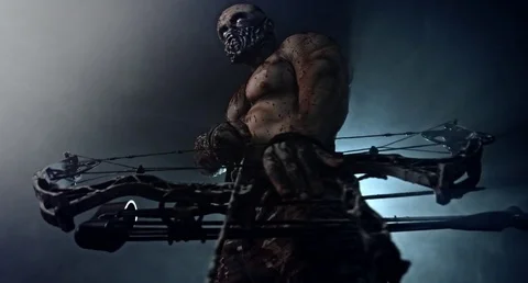 Horror zombie killer with a crossbow. Postapokalipsis. 스톡 동영상 70932572