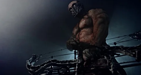 Horror zombie killer with a crossbow. Postapokalipsis. 스톡 동영상 70932811