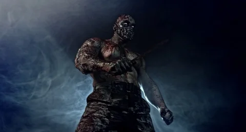 Horror zombie killer with a machete. Postapokalipsis. 库存影片 70927418