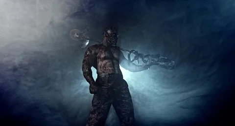 Horror zombie killer with a trimmer. Postapokalipsis. 動画素材 70928691