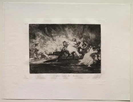 The Horrors of War: They Escape Through the Flames. Francisco de Goya (Span.. Stock Illustration