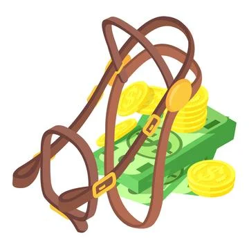 Horse accessory icon isometric vector. Cash money and brown leather horse bridle Stock Illustration