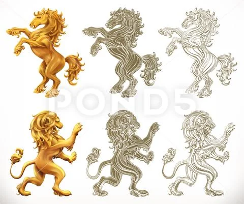 Horse anb lion. 3d and engraving styles. Vector illustration Stock Illustration