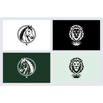 Horse and lion head emblems in monochrome vector style Stock Illustration