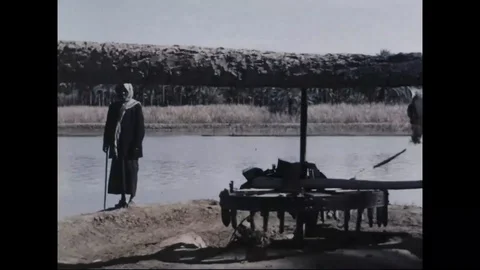 Horse is being used to draw water from river by using Persian wheel method-1951 Stock Footage