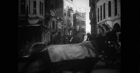 Horse drawn carriage and tram on the streets of Istanbul Stock Footage