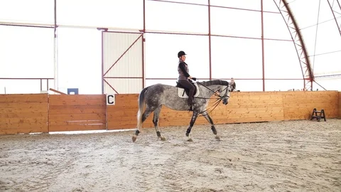 On the horse farm woman riding horse spo... | Stock Video | Pond5