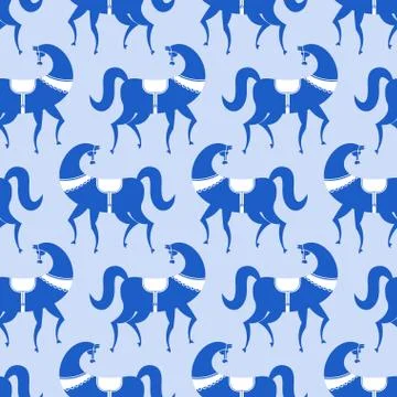 Horse Gzhel painted seamless pattern. Russian National Folk ornament. Traditi Stock Illustration