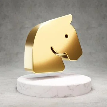 Horse Head icon. Shiny golden Horse Head symbol on white marble podium. Stock Illustration