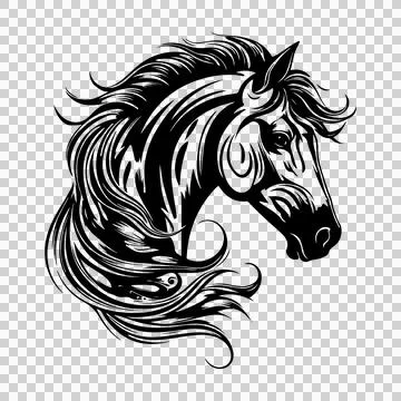 Horse Head In Profile Portrait static mane line art black Stock Illustration