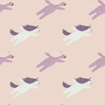 Horse with horn seamless doodle pattern. Kids unicorn print in lilac and past Stock Illustration