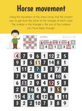 Horse movement Educational Sheet. Primary module for Numerical Ability. 5-6 y Stock Illustration