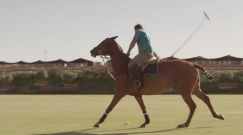 Horse Polo Rider Hitting Ball in Slow Motion Stock Footage