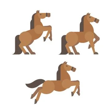 Horse poses flat illustration. Brown horse rearing, standing, running poses Illustrazione stock