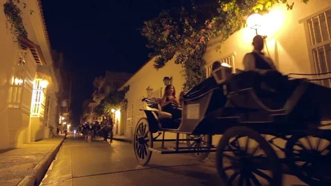 Horse pulling a carriage in the night through Cartagena, Colombia 動画素材 75166957