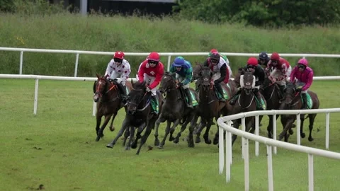 Horse race galloping around the bend in slow-motion Stock Footage