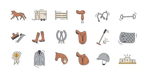 Horse Riding Essentials Flat Colored Icon Set. Vector Illustration of Equestrian Stock Illustration