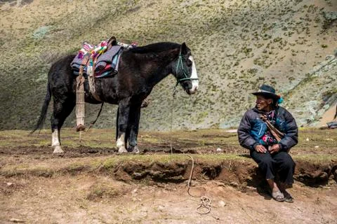 Horse Riding to Rainbow Mountain Stock Photos