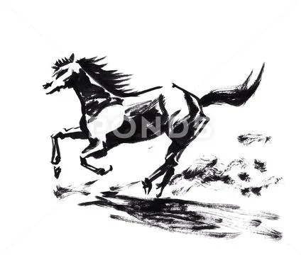 Horse running chinese brush painting, artistic caligraphy Stock Illustration