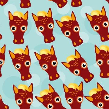 Horse Seamless pattern with funny cute animal face on a blue background Stock Illustration