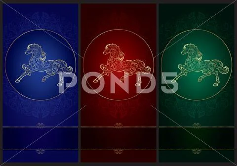 Horse silhouette on floral background, vintage set Stock Illustration