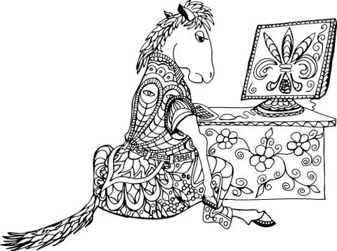 Horse sitting at the table with computer. Allegory hard work. Stock Illustration