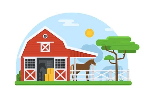 Horse Stables in Flat Design Stock Illustration