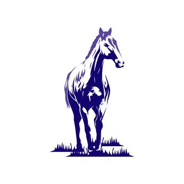 Horse Standing on Grass Front View Animal Farm Wildlife Silhouette Engraving  Stock Illustration
