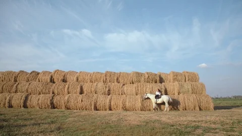 The horse stands next to the rider, who sits on a large haystack. Stock Footage