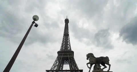 Horse statue and Eiffel Tower from  Iena Bridge, Paris, France Stock Footage 156605485