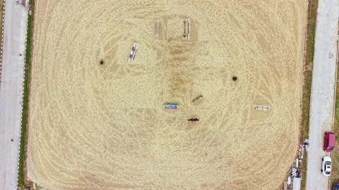 Horse training takes place on a sandy arena with various jumps and obstacles Stock Footage 340174685
