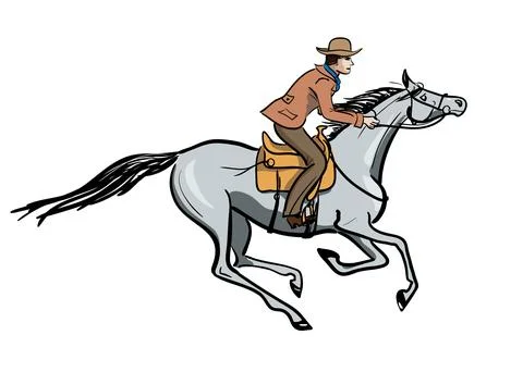 Horseback galloping rider. Vector hand drawn cartoon cowboy man and horse Stock Illustration