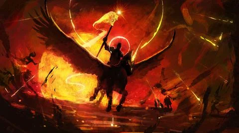The horseman of the apocalypse rushes into hell on his pegasus, illuminates t Stock Illustration