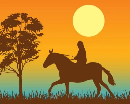 Horseman sunset Stock Illustration