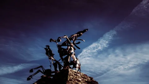 Horses agonizing timelapse : sculpture in memory of fallen war animals Stock Footage 97916871