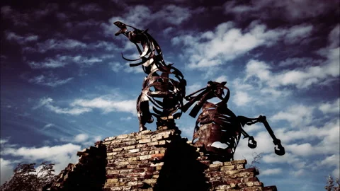 Horses agonizing timelapse : sculpture in memory of fallen war animals Stock Footage 97917348