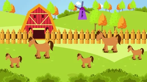 Horses with cubs at farm with windmill background Stock Footage 170348989