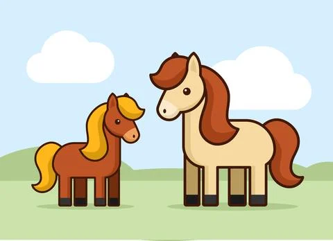 Horses of different colors in the meadow backdrop of nature. Countryside Stock-Illustration