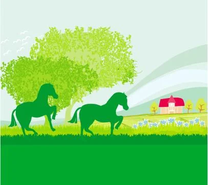 Horses in field vector Stock Illustration