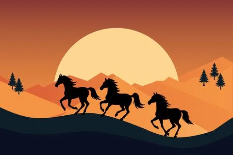 Horses galloping against the backdrop of sunset Stock Illustration