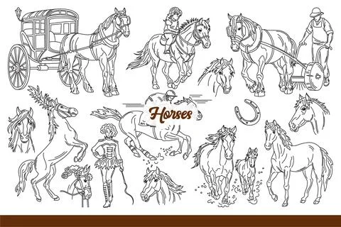 Horses performing in circus or working on plantation and riding children around Stock Illustration