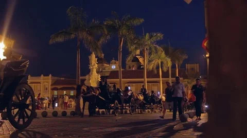Horses pulling carriages in the night during Cartagena, Colombia parade Full 動画素材 75166924