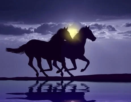 Horses running during sunset Illustrazione stock