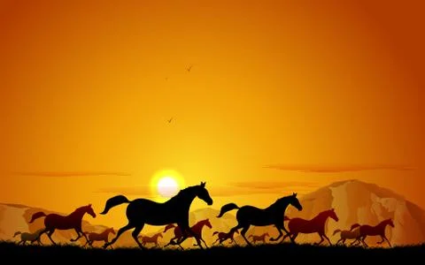 Horses running in field Stock Illustration