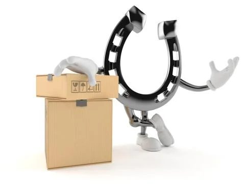 Horseshoe character with stack of boxes Stock Illustration