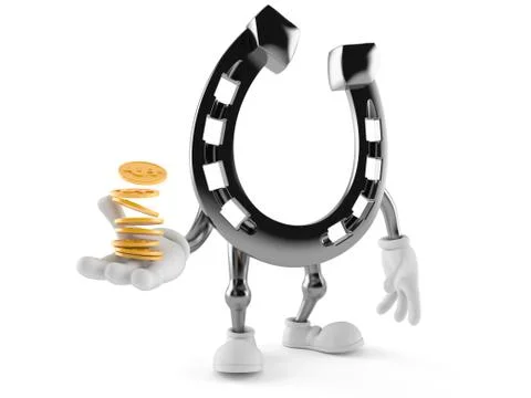 Horseshoe character with stack of coins Stock Illustration