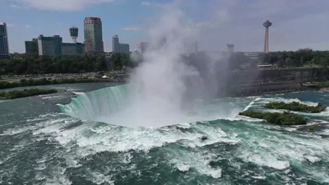 Horseshoe Falls High-Angle View and Niagara Falls Ontario Skyline 4K Video stock 332134404