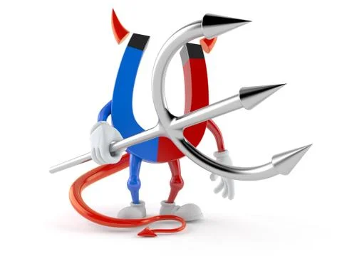 Horseshoe magnet character with devil horns and pitchfork Stock Illustration